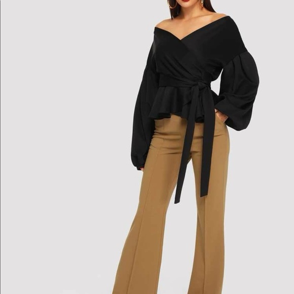 Luxe Off Shoulder Peplum Self Tie Wrap Top Blouse Shirt - Picture 12 of 12